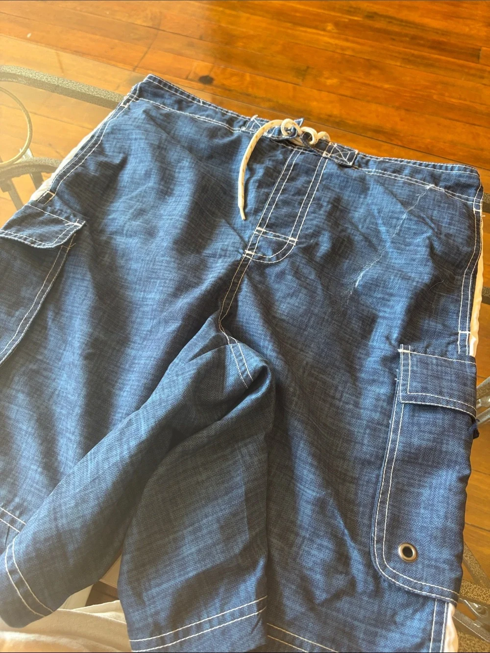 Men's Navy Cargo Swim Shorts with Contrast Stitching